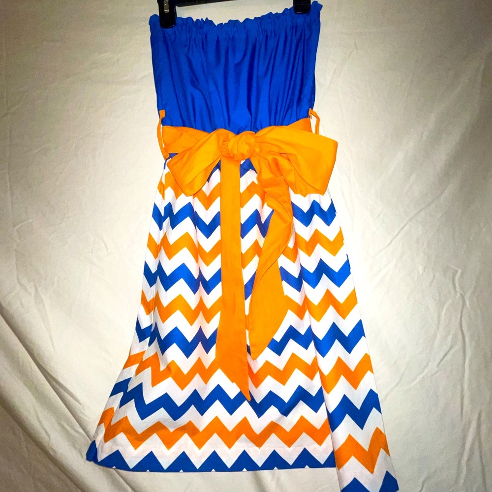 Game On! strapless dress. Orange & blue chevron